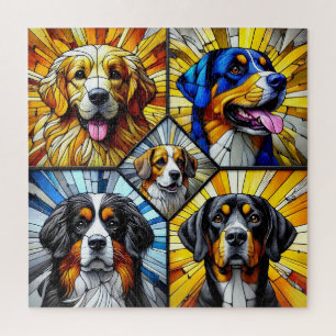 Stained Glass Portraits of Dogs Featuring Vibrant Jigsaw Puzzle