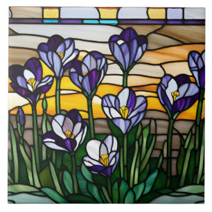 Stained Glass Purple Crocus Flowers Tile