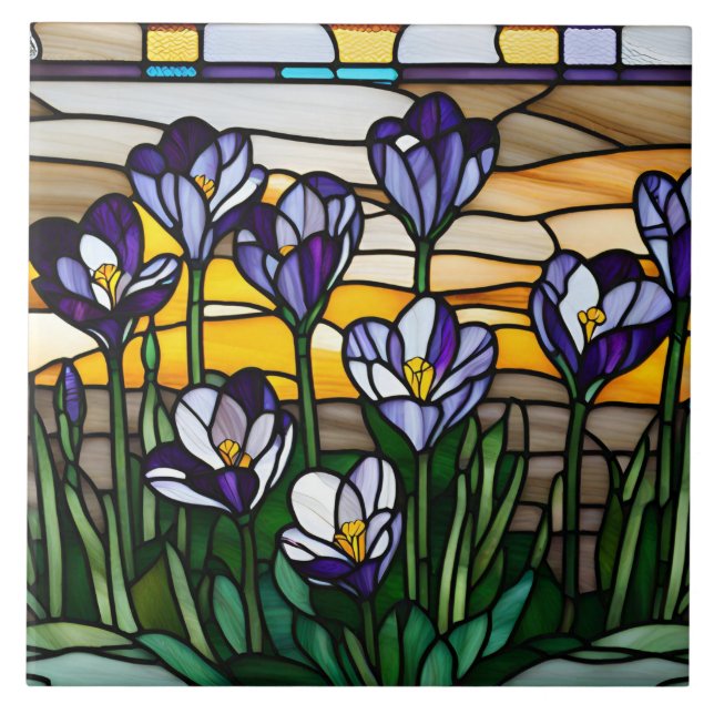 Stained Glass Purple Crocus Flowers Tile (Front)