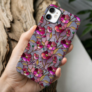 Stained glass purple pink flowers iPhone 16 case