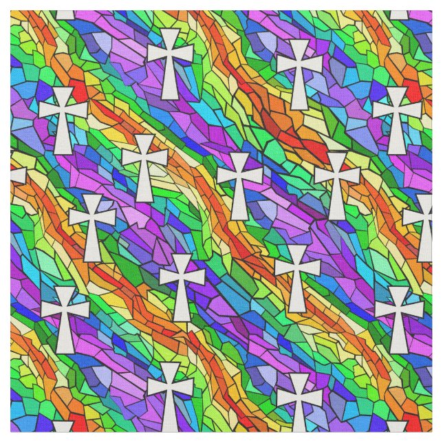 Stained Glass Rainbow with Crosses Fabric (Close Up)