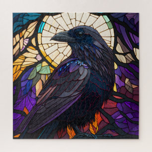 Stained Glass Raven, Witch's Familiar, Large  Jigsaw Puzzle
