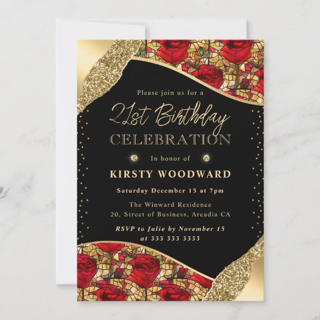 Stained Glass Red and Gold Roses 21st Birthday Invitation (Front)