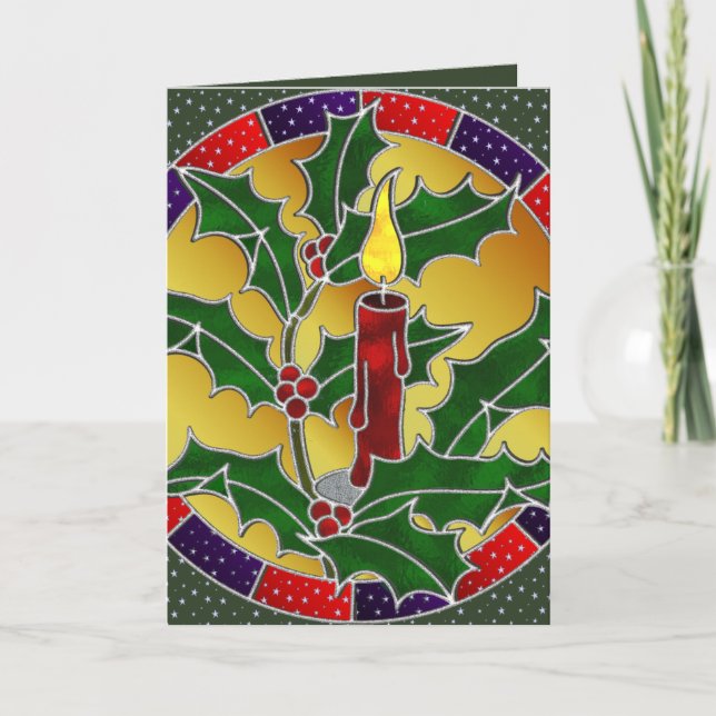 Stained glass red candle with holly holiday card (Front)