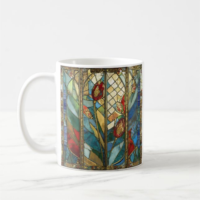 Stained Glass Red Chief Poppies at Sunrise Coffee Mug (Left)