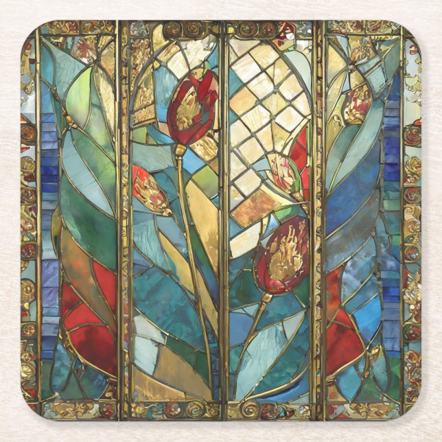 Stained Glass Red Chief Poppies at Sunrise Square Paper Coaster (Front)