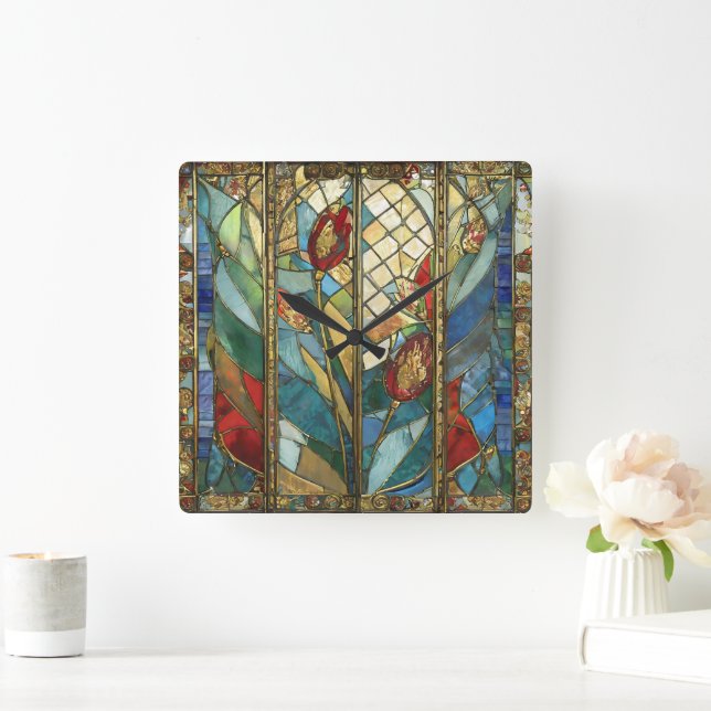 Stained Glass Red Chief Poppies at Sunrise Square Wall Clock (Home)