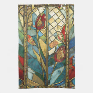 Stained Glass Red Chief Poppies at Sunrise Tea Towel