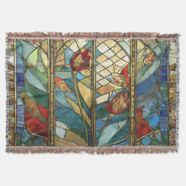 Stained Glass Red Chief Poppies at Sunrise Throw Blanket (Front)