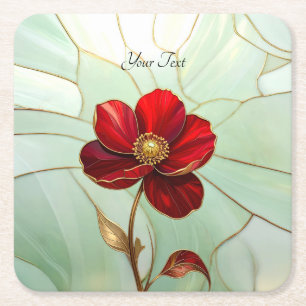 Stained Glass Red Flower Paper Coaster