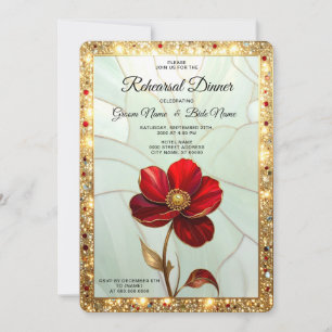 Stained Glass Red Flower Rehearsal Dinner Invitation