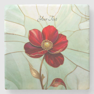 Stained Glass Red Flower Stone Coaster