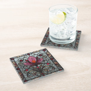 Stained Glass Red Pink Flower Coaster