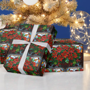Stained Glass Red Poinsettia Flowers and Berries Wrapping Paper