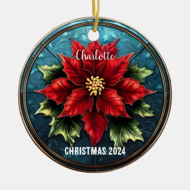 Stained Glass Red Poinsettia Personalised Ornament (Front)