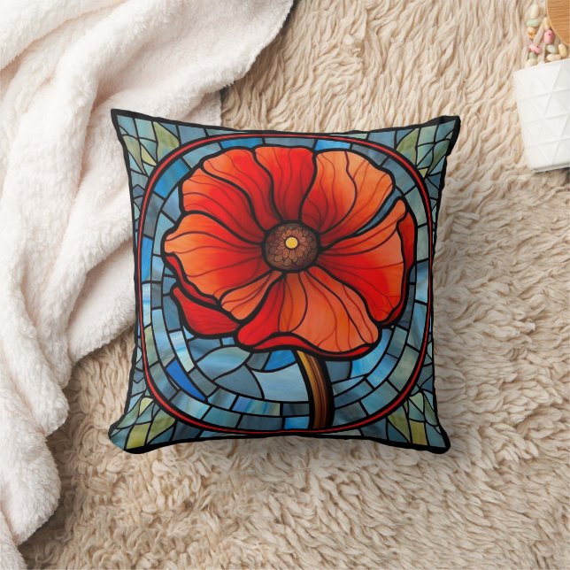 Stained Glass Red Poppy Cushion (Blanket)