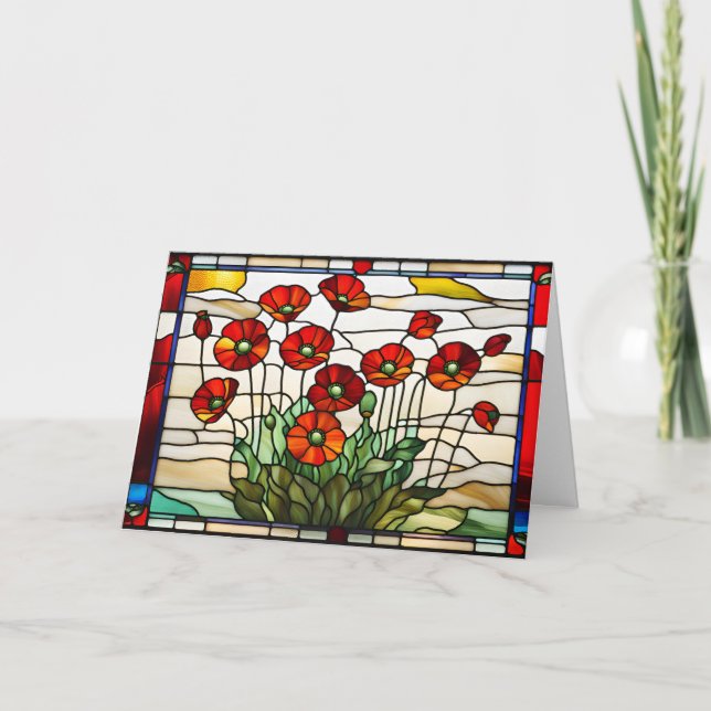 Stained Glass Red Poppy Flowers Bouquet  Card (Front)