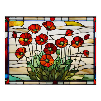 Stained Glass Red Poppy Flowers Bouquet Poster