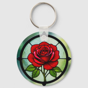Stained glass red rose key ring