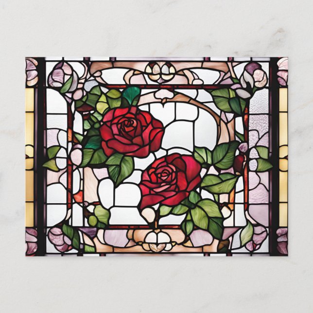 Stained Glass Red Roses Floral Mosaic  Postcard (Front)