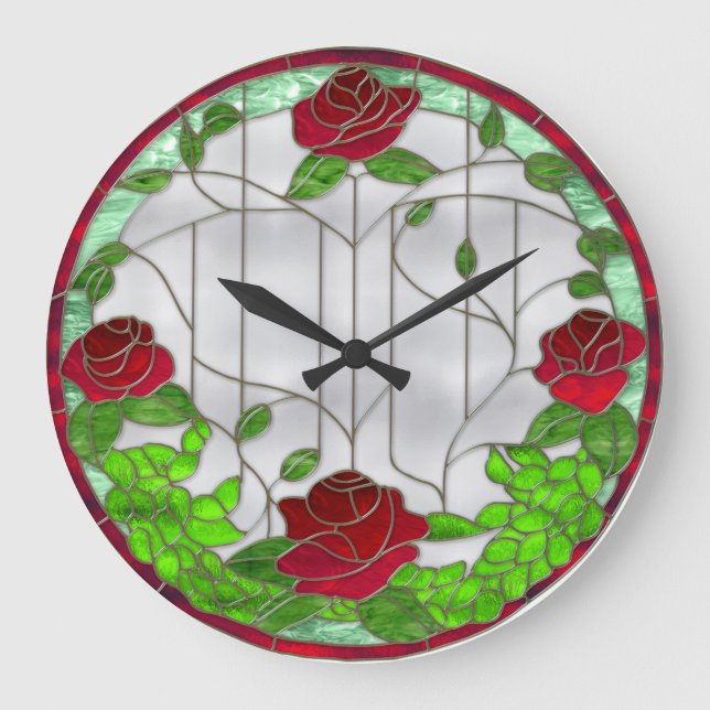 Stained Glass Red Roses Large Clock (Front)