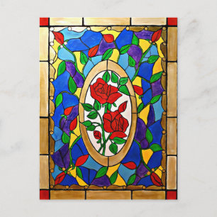 Stained glass red roses postcard