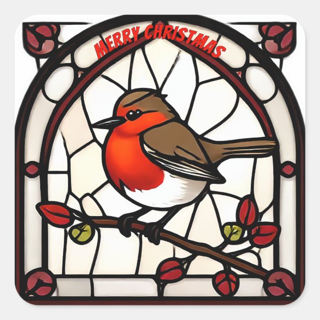  Stained Glass Robin Redbreast "Merry Christmas" Square Sticker (Front)