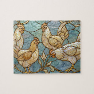 Stained Glass Roosters Elegant Chicken Farmhouse Jigsaw Puzzle