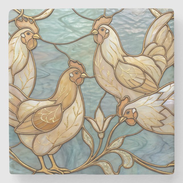 Stained Glass Roosters Elegant Chicken Farmhouse Stone Coaster (Front)