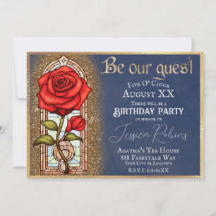 Stained Glass Rose Beauty and the Beast on Blue Invitation