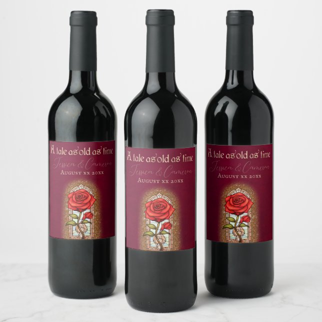 Stained Glass Rose Beauty and the Beast on Red Wine Label (Bottles)