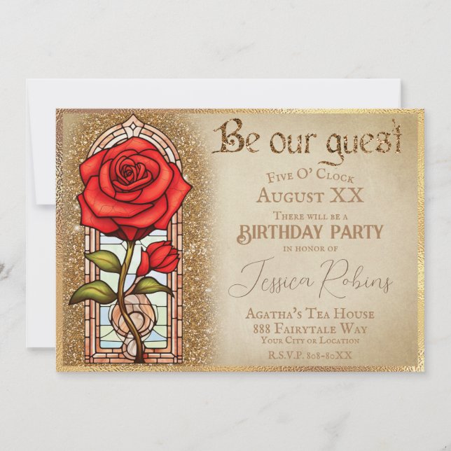 Stained Glass Rose Beauty and the Beast Theme Invitation (Front)