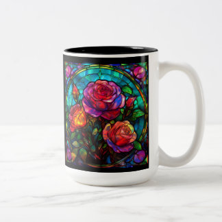 Stained Glass Rose Bouquet Right handed Two-Tone Coffee Mug