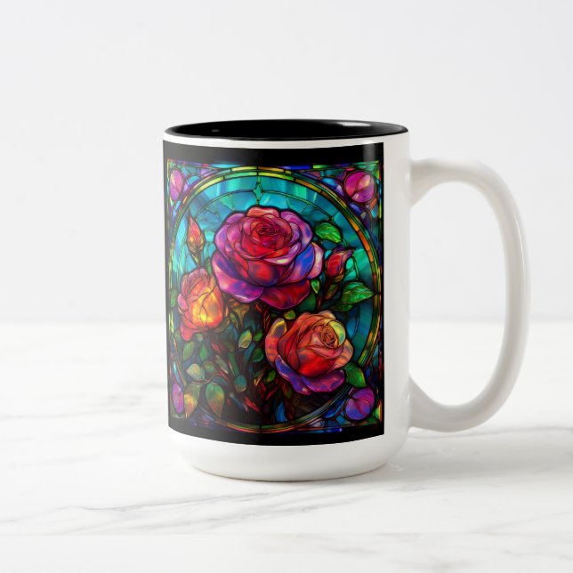 Stained Glass Rose Bouquet Right handed  Two-Tone Coffee Mug (Right)