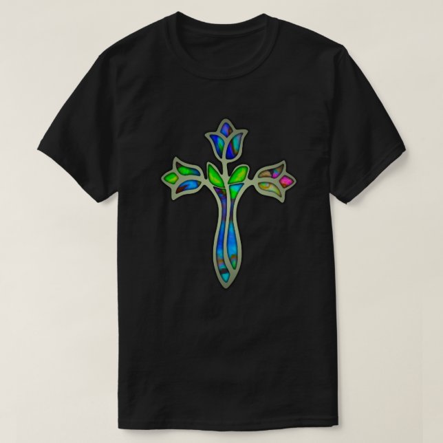 Stained Glass Rose Cross T-Shirt (Design Front)