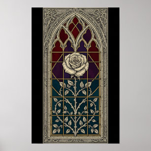 Stained Glass Rose in Gothic Window Gold Line Art Poster