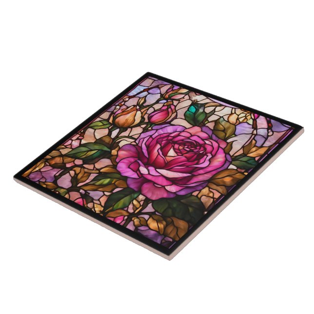Stained Glass Roses Trendy Elegant Collection Tile (Side)