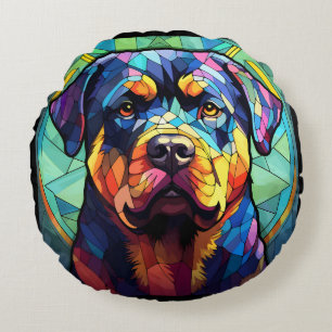Stained Glass Rottweiler  Round Cushion