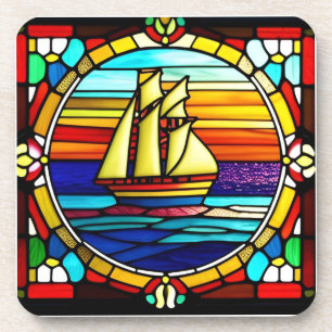 Stained Glass Sailing Ship at Sunset Coaster