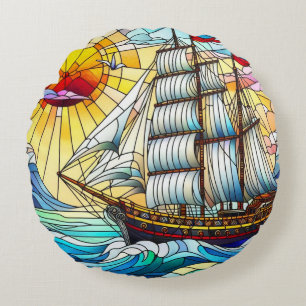 Stained Glass Sailing Ship Round Cushion
