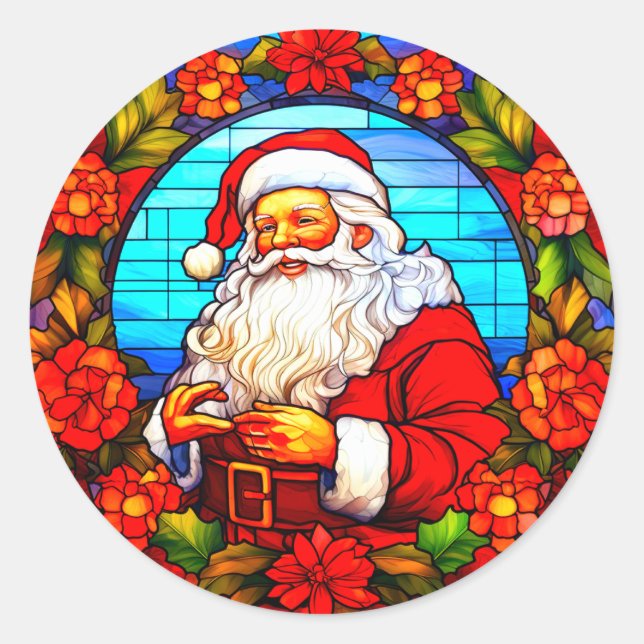 Stained Glass Santa Christmas Ornament-67674 Classic Round Sticker (Front)