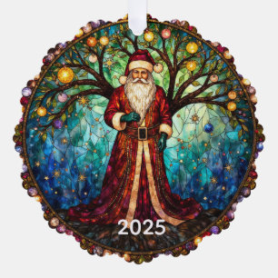 Stained Glass Santa Claus Christmas Tree of Life Decoration Card