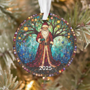 Stained Glass Santa Claus Christmas Tree of Life Ornament