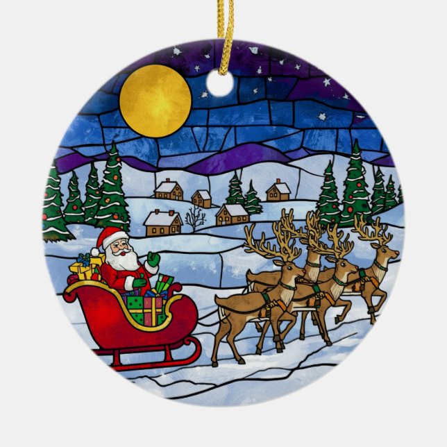 Stained Glass Santa & Reindeer Sleigh Ride Ceramic Tree Decoration (Front)