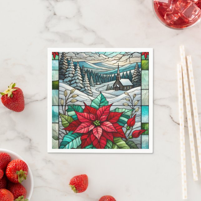 Stained Glass Scenic Winter Poinsettia Decoupage Napkin (Insitu)