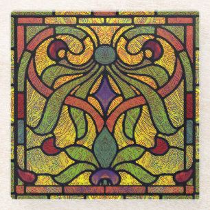Stained Glass Scroll Design in Gold and Red Glass Coaster
