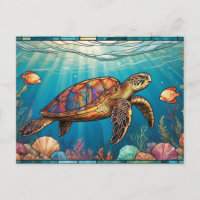 Stained Glass Sea Turtle, Fish, Coral, Ocean