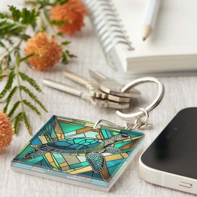 Stained Glass Sea Turtle Illustration Key Ring (Front Right)