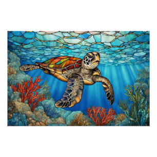 Stained Glass Sea Turtle Swimming, Coral Poster