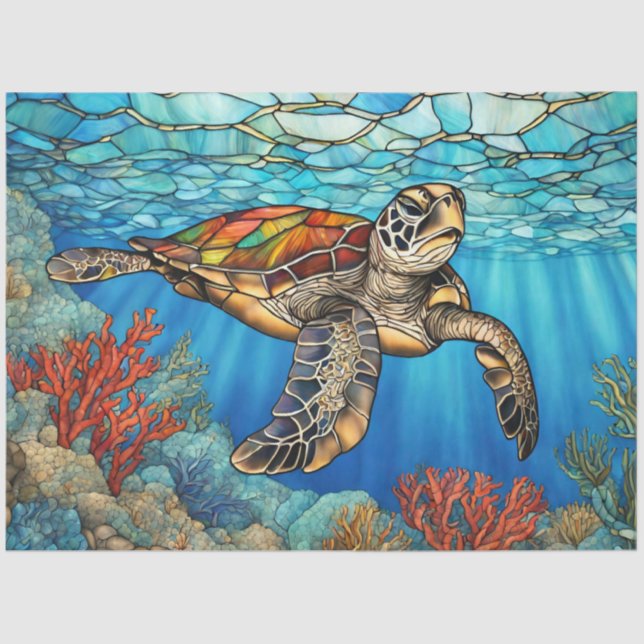 Stained Glass Sea Turtle Swimming, Coral Tissue Paper (Front)